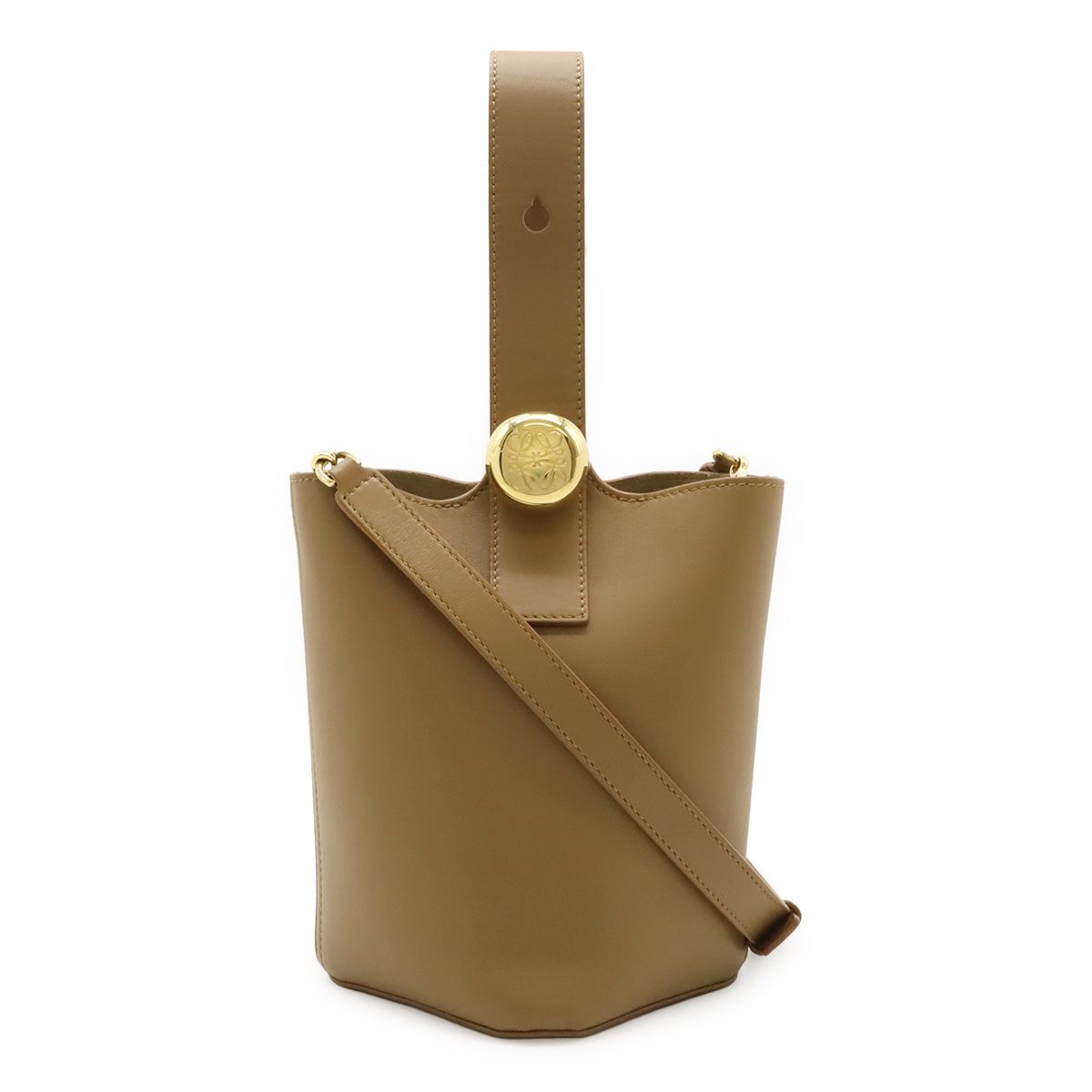 Loewe Pebble Bucket Bag Mini 2-Way Sum Scarf Leather Brown Gold