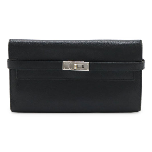 Hermes Kelly Wallet Long Bifold Chevre Leather Black Silver