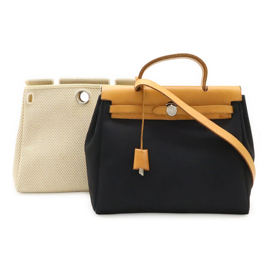 Hermes Herbag PM 2-Way Shoulder Bag Toile Officier GM Black Brown Beige