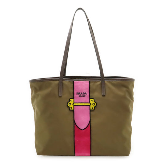 Prada Velour Belt Motif Tote Shoulder Bag Nylon Leather Khaki Pink