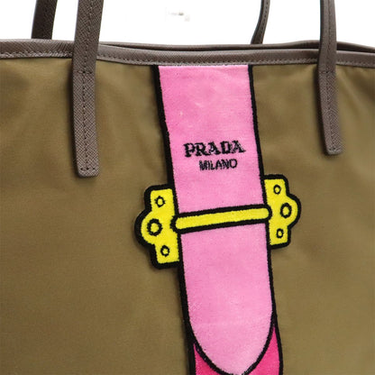 Prada Velour Belt Motif Tote Shoulder Bag Nylon Leather Khaki Pink — view 8