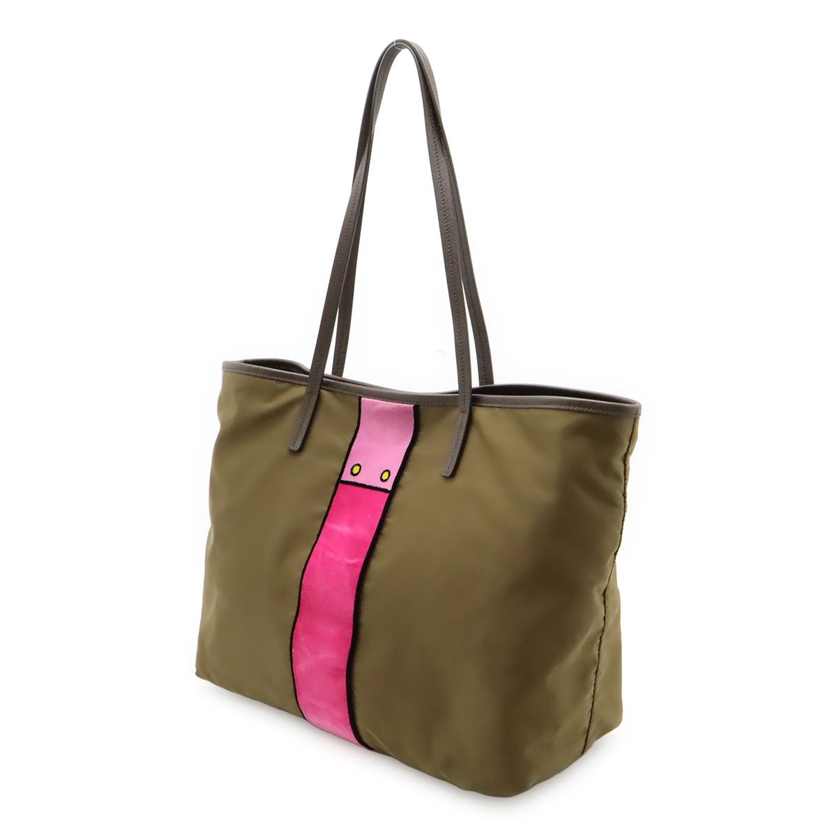 Prada Velour Belt Motif Tote Shoulder Bag Nylon Leather Khaki Pink — view 2