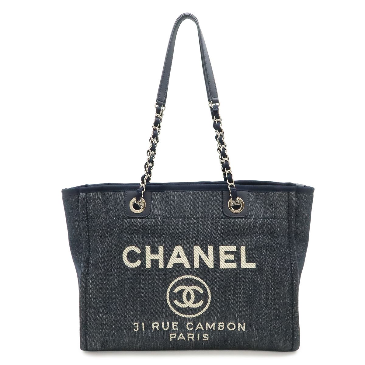 Chanel Deauville Tote MM Shoulder Bag Denim Navy Silver