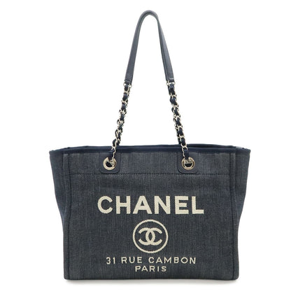Chanel Deauville Tote MM Shoulder Bag Denim Navy Silver