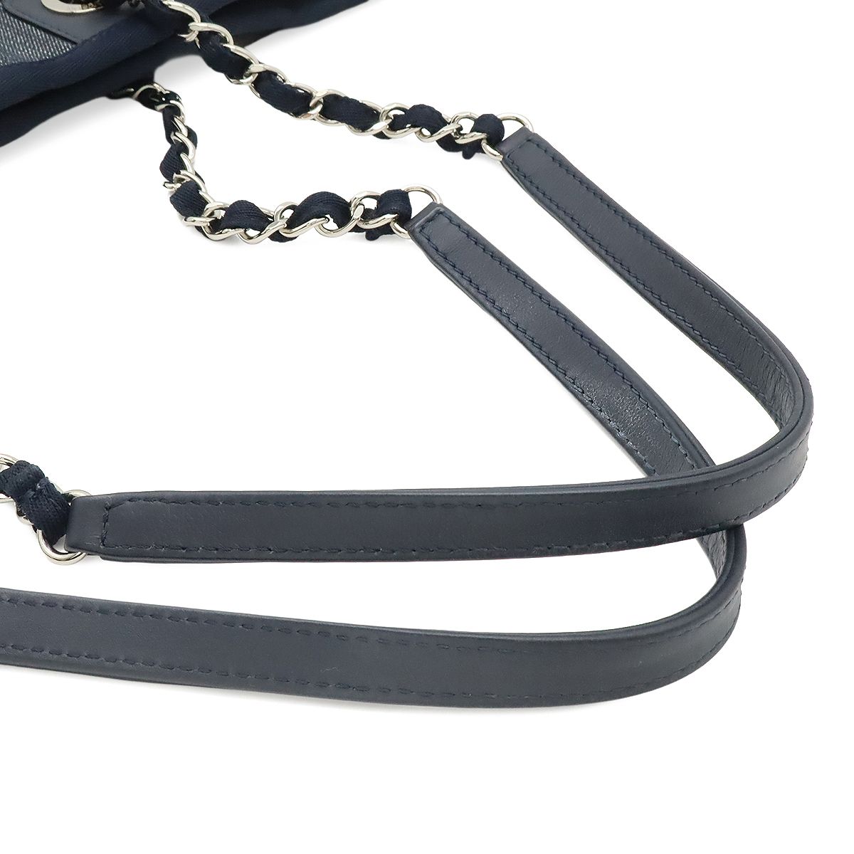 Chanel Deauville Tote MM Shoulder Bag Denim Navy Silver — view 4