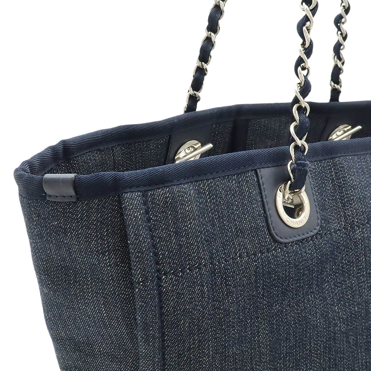 Chanel Deauville Tote MM Shoulder Bag Denim Navy Silver — view 5