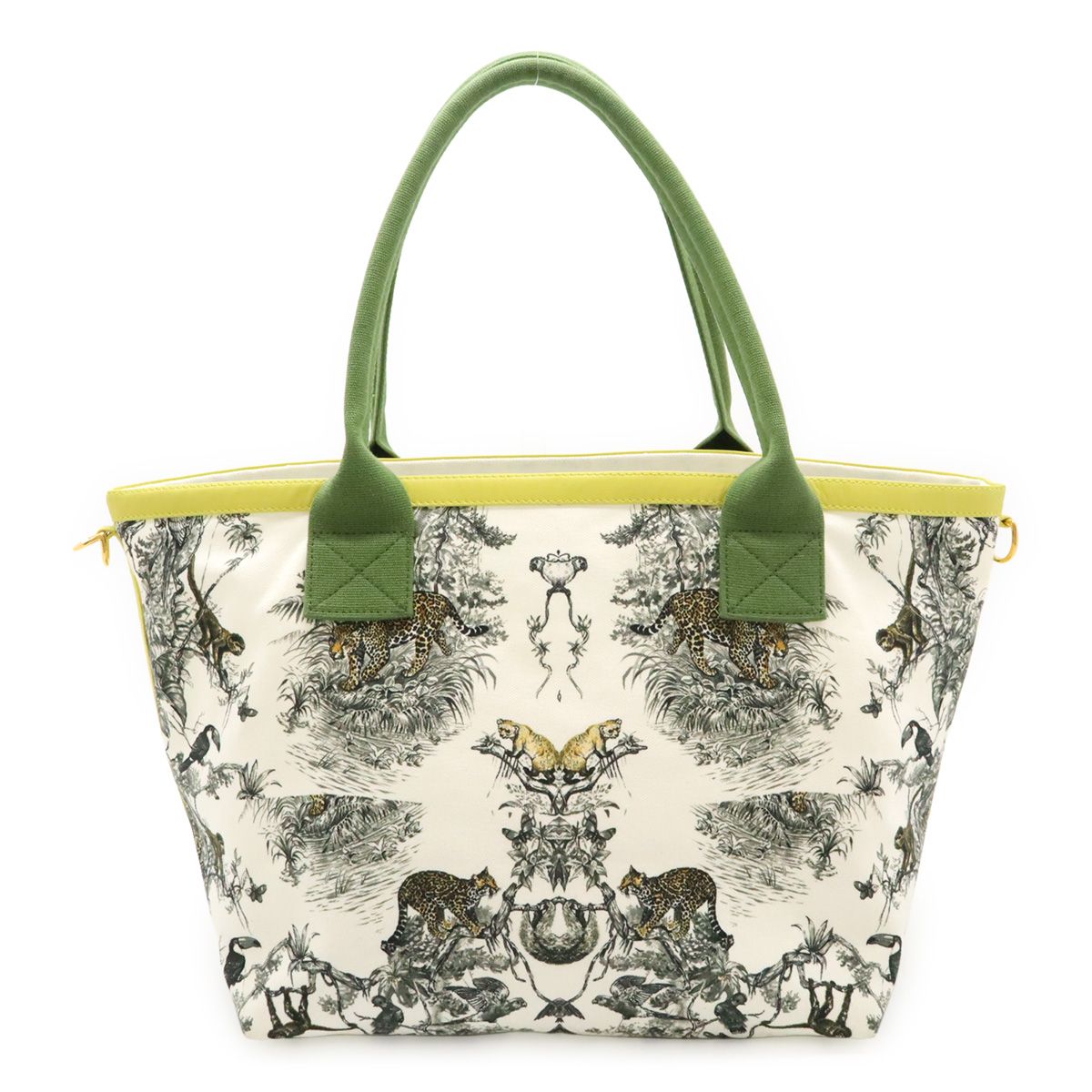 Hermes Cabas Petit Ash Tote Shoulder Bag Leopard Canvas White Green Yellow