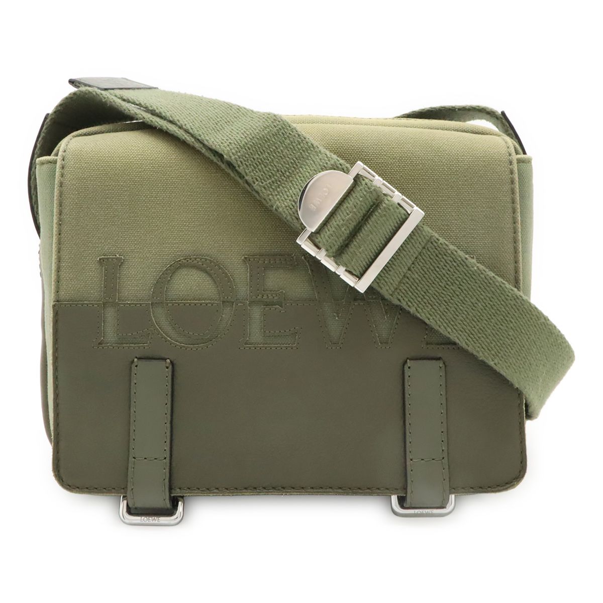 Loewe Logo Military Messenger Bag XS Canvas Leather Khaki Green Silver