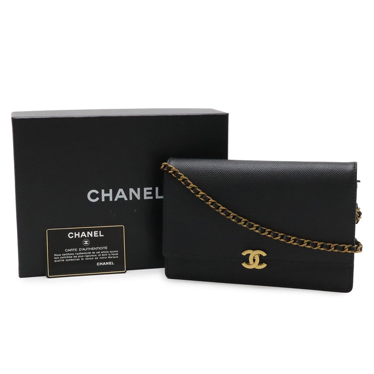 Chanel CC Logo Chain Wallet Shoulder Bag Pochette Caviar Leather Black Gold — view 9
