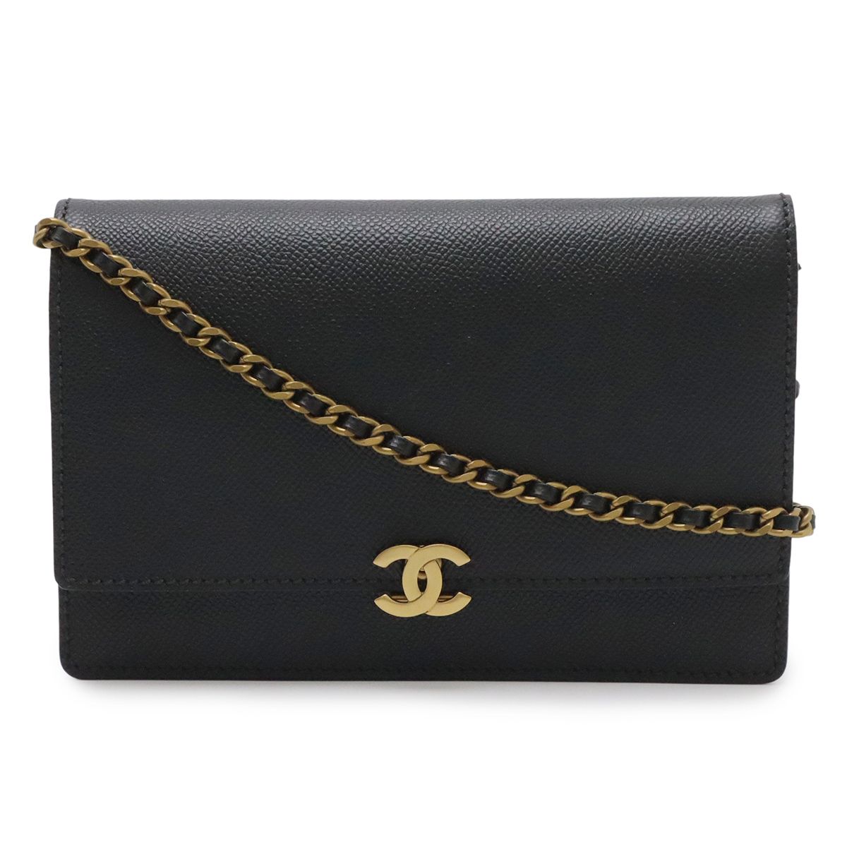 Chanel CC Logo Chain Wallet Shoulder Bag Pochette Caviar Leather Black Gold