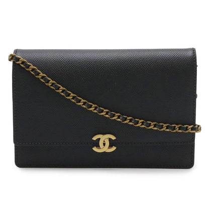 Chanel CC Logo Chain Wallet Shoulder Bag Pochette Caviar Leather Black Gold