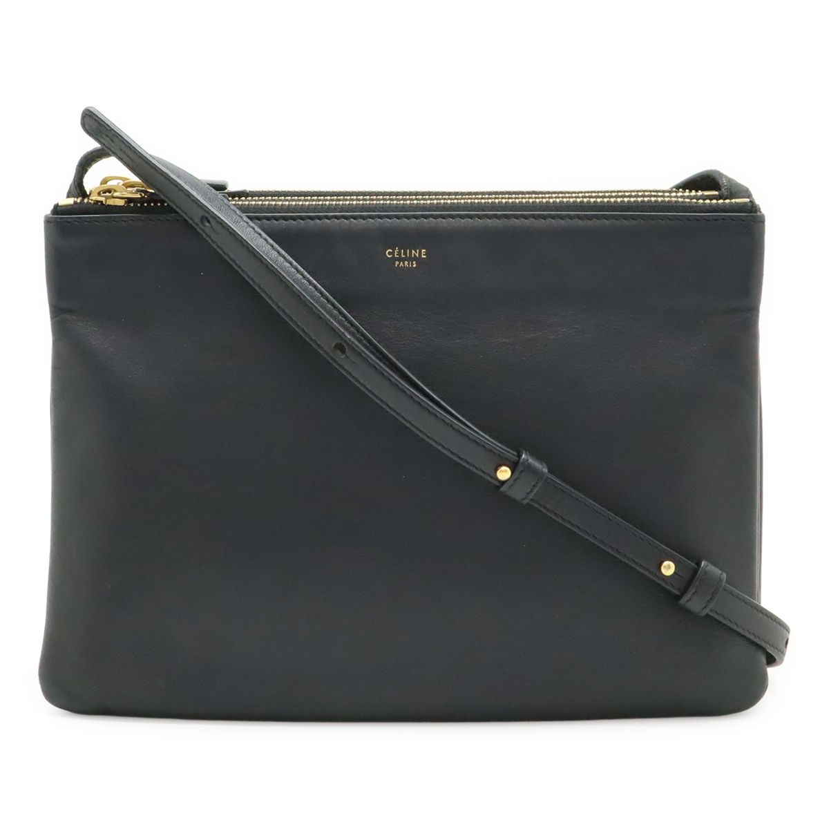 Celine Trio Large Shoulder Bag Pochette Crossbody Pouch Leather Black Gold