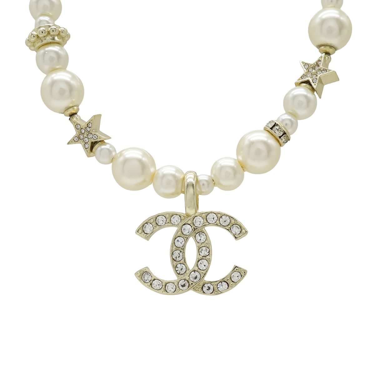 Chanel CC Logo CC Mark Star Pearl Choker Necklace Pendant Metal Faux Line Stone