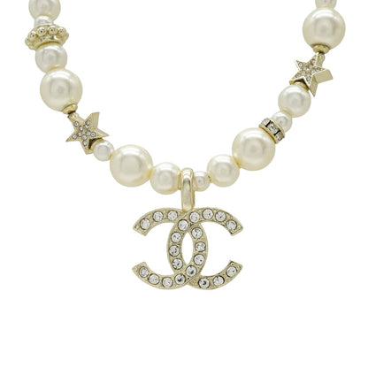 Chanel CC Logo CC Mark Star Pearl Choker Necklace Pendant Metal Faux Line Stone