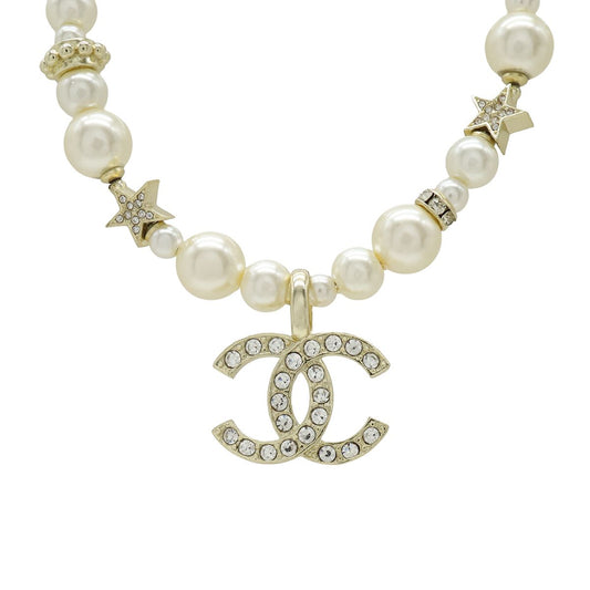 Chanel CC Logo CC Mark Star Pearl Choker Necklace Pendant Metal Faux Line Stone