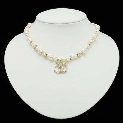 Chanel CC Logo CC Mark Star Pearl Choker Necklace Pendant Metal Faux Line Stone — view 7