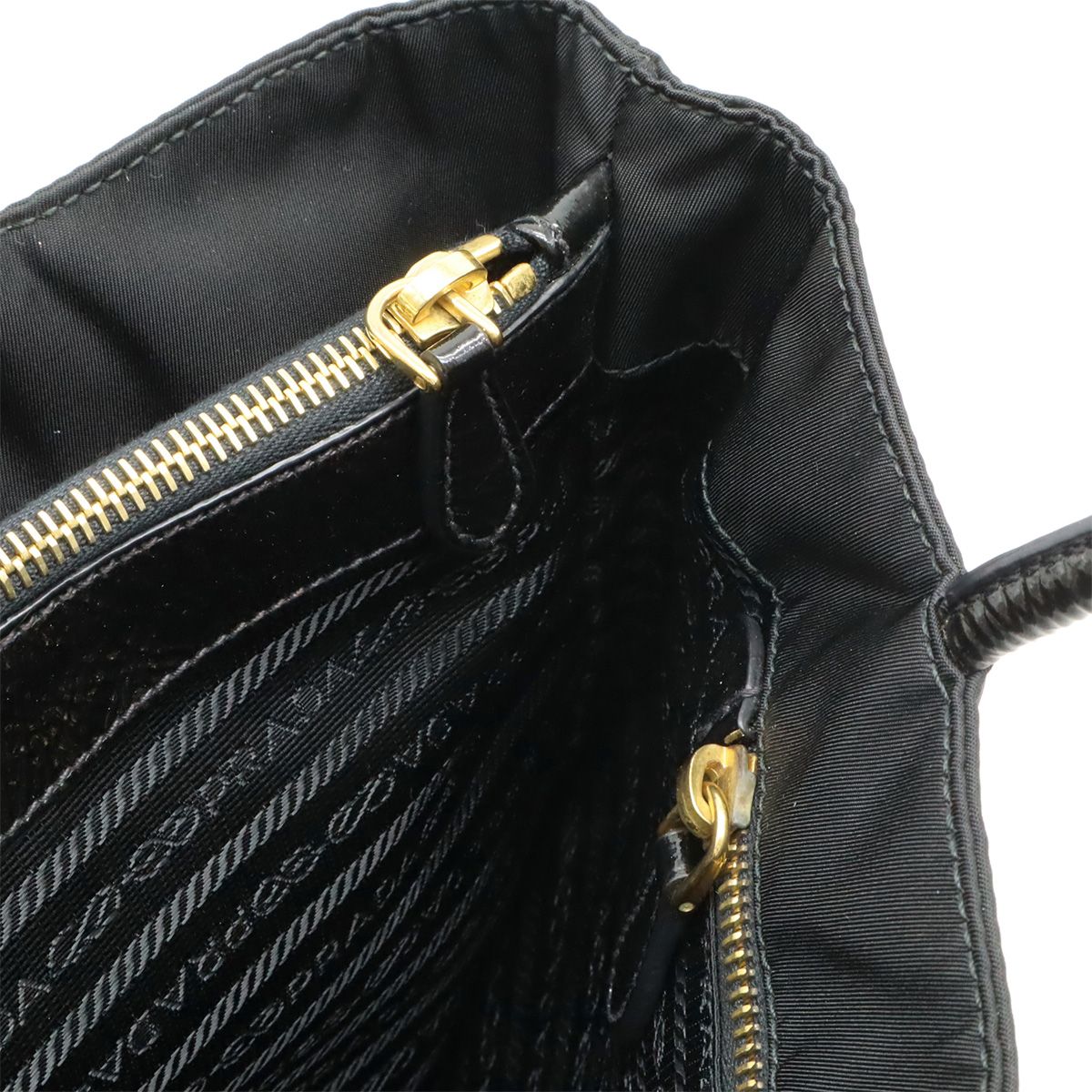 Prada Triangle Logo Tote Shoulder Bag Nylon Patent Nero Black Gold — view 5
