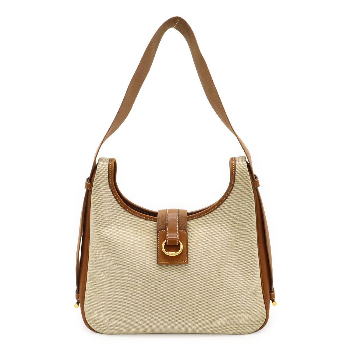 Hermes Saco Shoulder Bag 2-Way Toile Ash Leather Natural Brown Gold