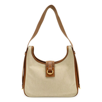 Hermes Saco Shoulder Bag 2-Way Toile Ash Leather Natural Brown Gold
