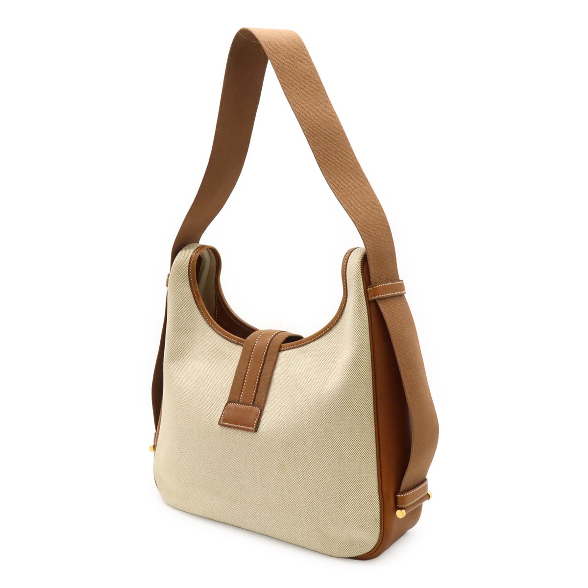 Hermes Saco Shoulder Bag 2-Way Toile Ash Leather Natural Brown Gold — view 2