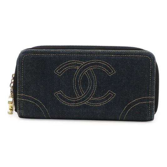 Chanel Sparkling Denim CC Logo Zip Around Wallet Metallic Cles the Indigo Gold