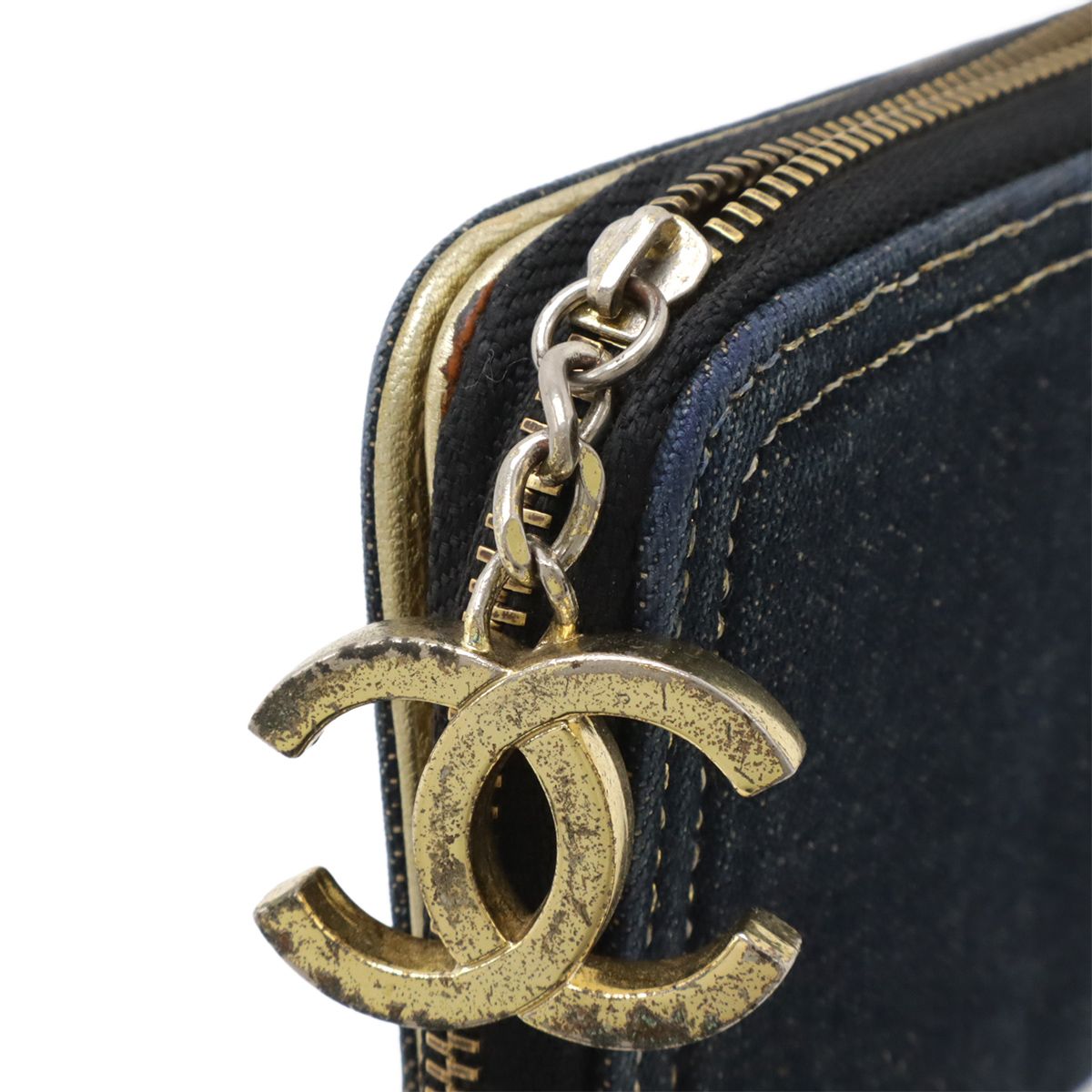 Chanel Sparkling Denim CC Logo Zip Around Wallet Metallic Cles the Indigo Gold — view 4