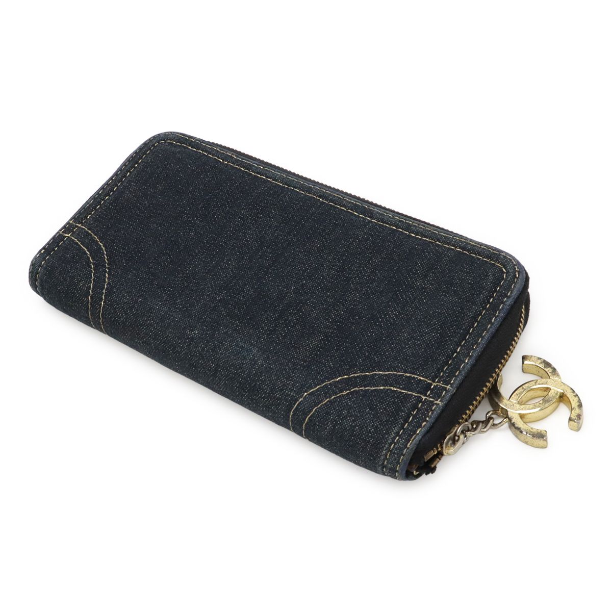 Chanel Sparkling Denim CC Logo Zip Around Wallet Metallic Cles the Indigo Gold — view 2