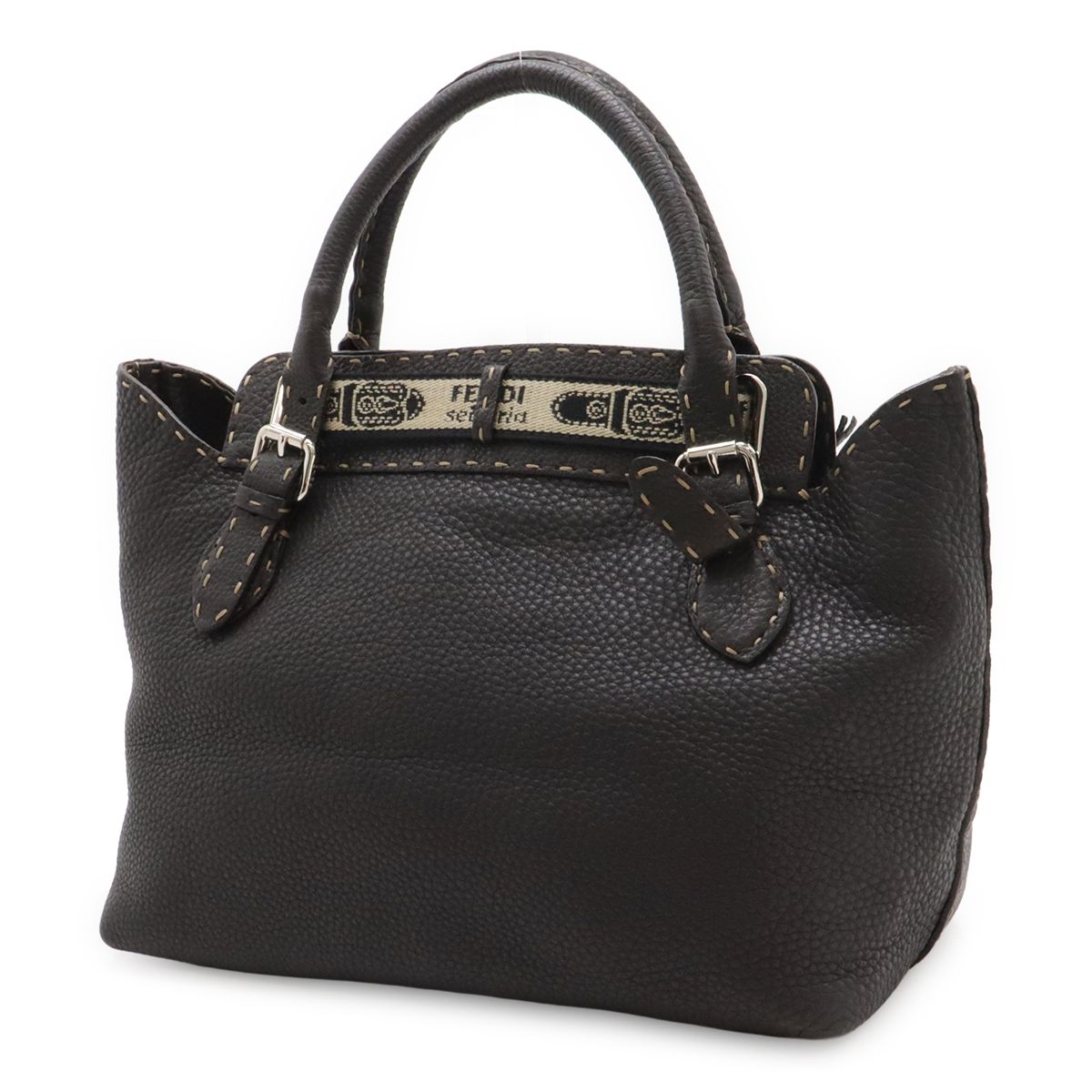 Fendi Selleria Villa Borghese Handbag Leather Dark Brown Silver — view 2