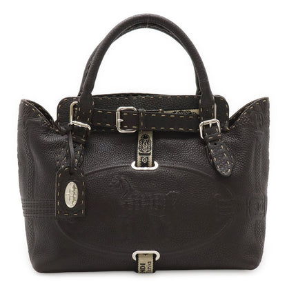 Fendi Selleria Villa Borghese Handbag Leather Dark Brown Silver