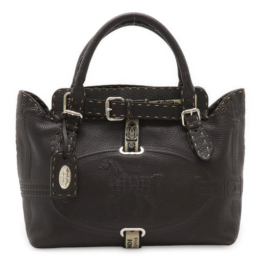 Fendi Selleria Villa Borghese Handbag Leather Dark Brown Silver