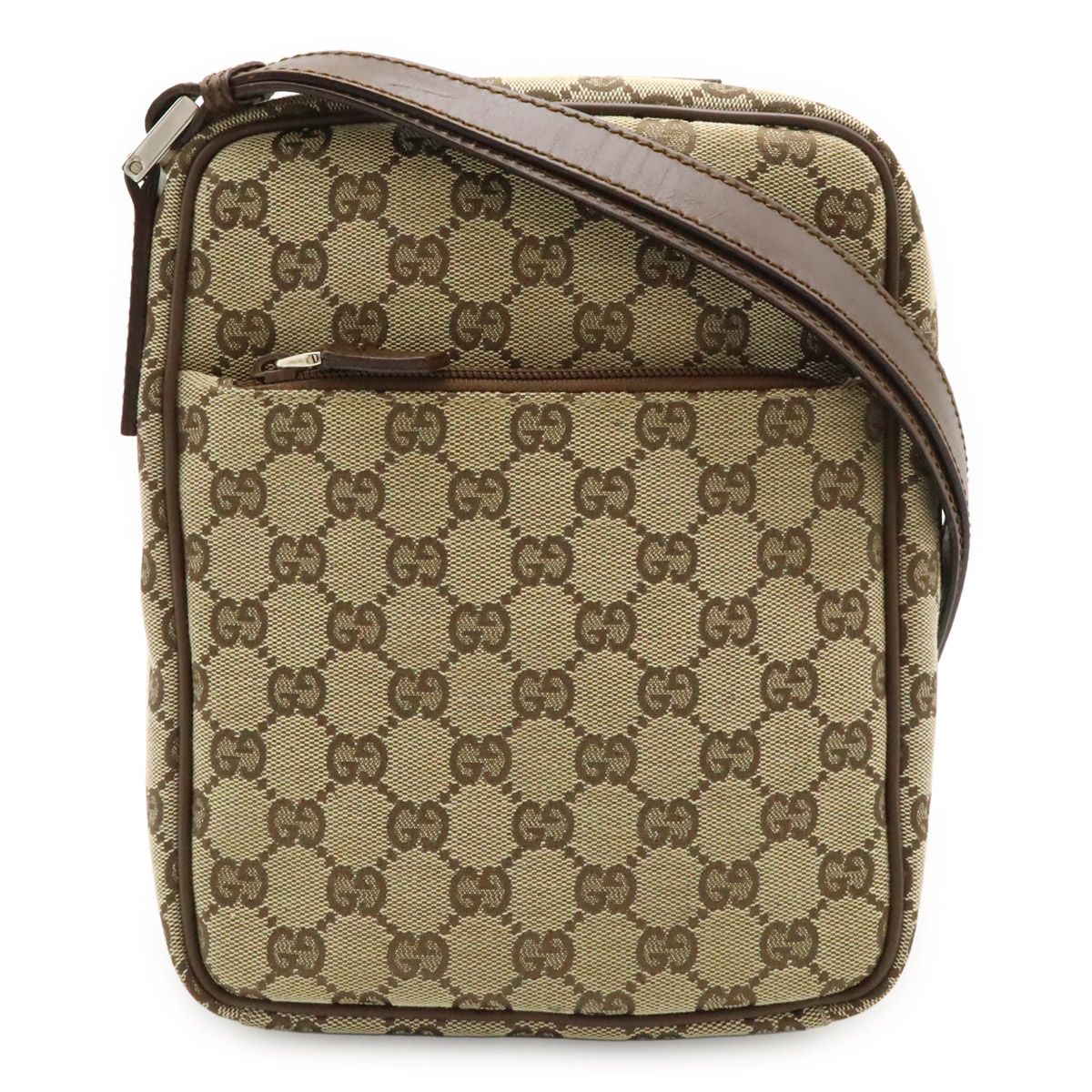 Gucci GG Canvas Shoulder Bag Pochette Crossbody Leather Beige Dark Brown Silver