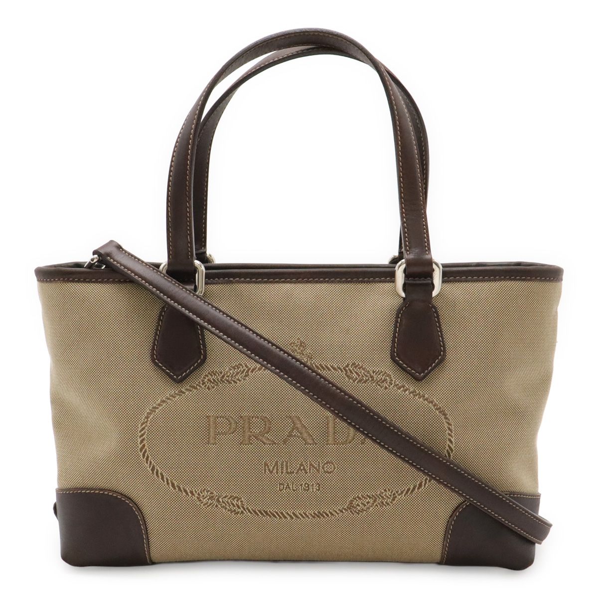 Prada Logo Jacquard 2-Way Shoulder Bag Canvas Leather Khaki Beige Dark Brown