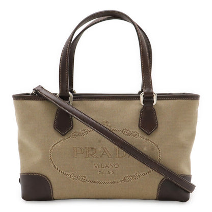Prada Logo Jacquard 2-Way Shoulder Bag Canvas Leather Khaki Beige Dark Brown
