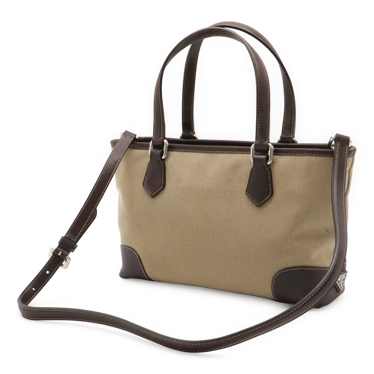 Prada Logo Jacquard 2-Way Shoulder Bag Canvas Leather Khaki Beige Dark Brown — view 2