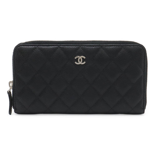 Chanel Quilted CC Logo Zip Around Wallet Caviar Leather Black Silver