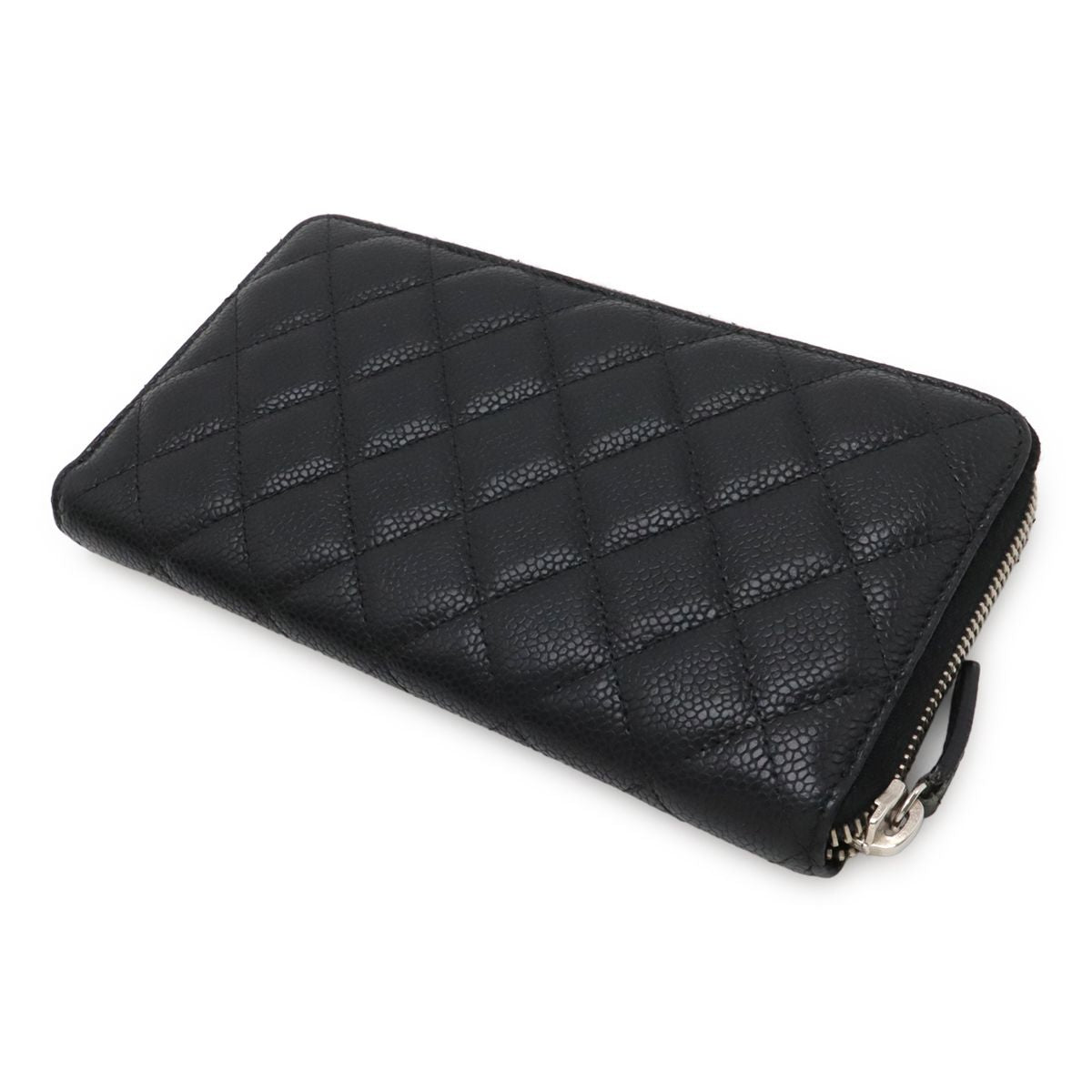 Chanel Quilted CC Logo Zip Around Wallet Caviar Leather Black Silver — view 2