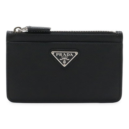 Prada Saffiano Triangle Logo Card Case Business Holder Coin Purse Leather Nero