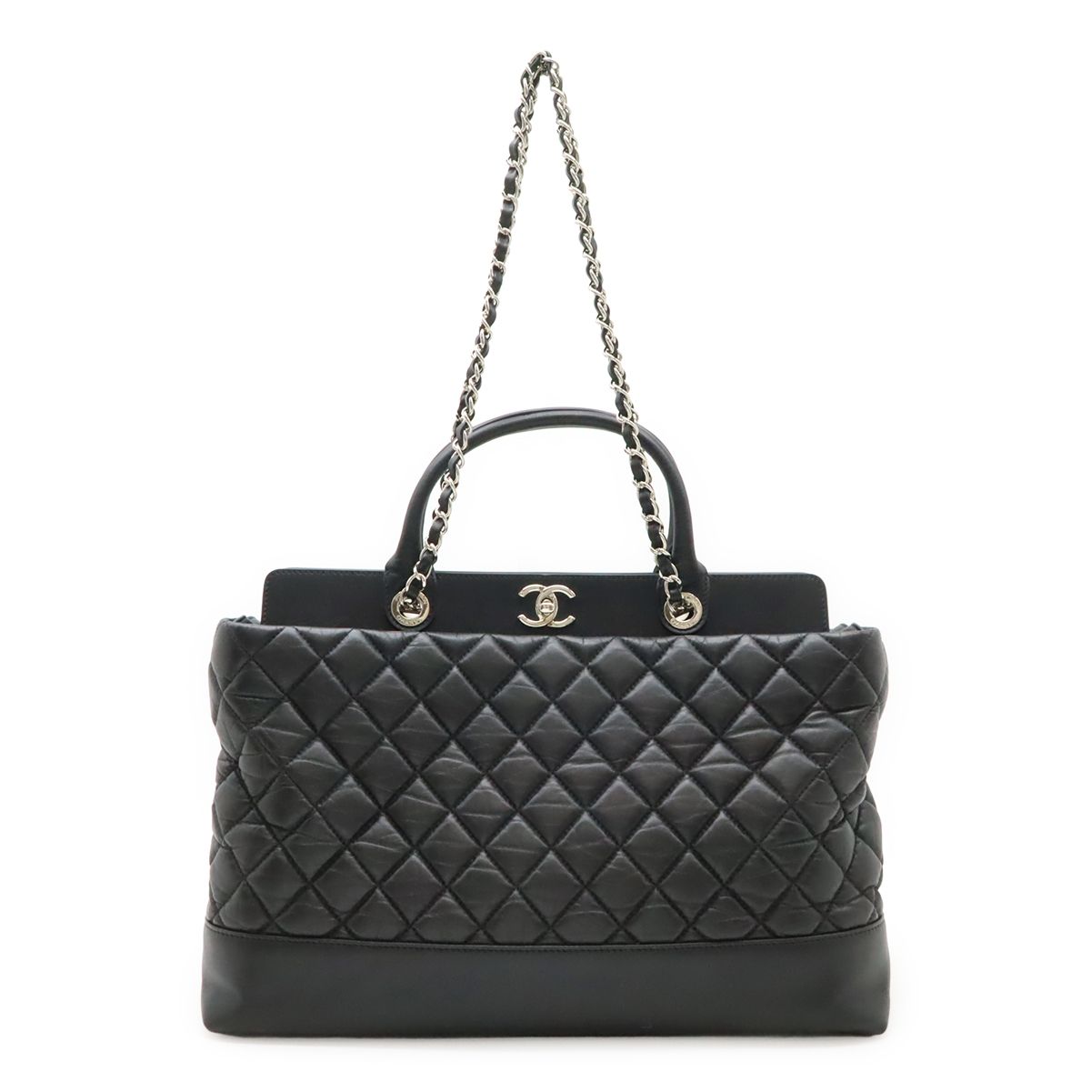 Chanel Quilted CC Logo Portobello Tote 2-Way Shoulder Bag Chain Leather Black