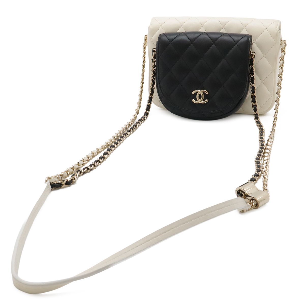 Chanel Quilted Side Pack Chain Shoulder Twin Bag Pochette Leather Ivory Black — view 2