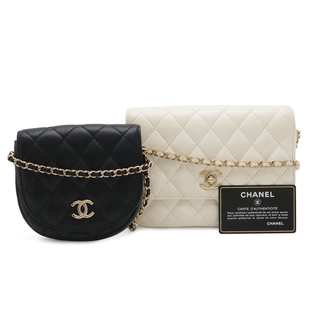 Chanel Quilted Side Pack Chain Shoulder Twin Bag Pochette Leather Ivory Black — view 9