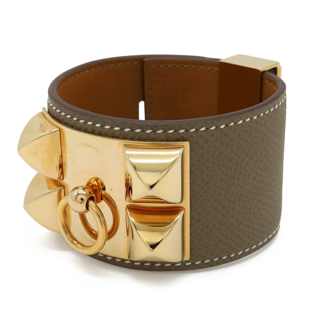 Hermes Collier de Chien Medle Bracelet Bangle Studs Veau Epsom Etoupe Gray Gold