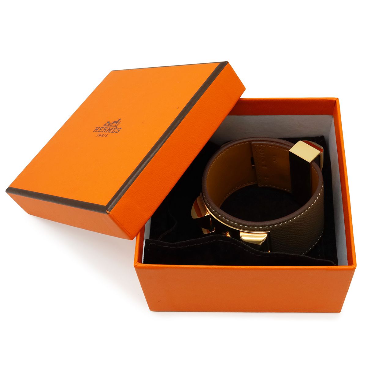 Hermes Collier de Chien Medle Bracelet Bangle Studs Veau Epsom Etoupe Gray Gold — view 7
