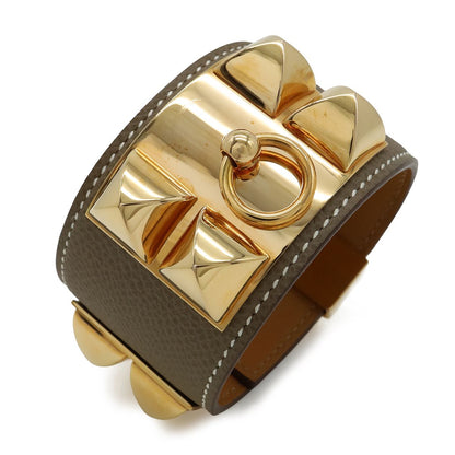 Hermes Collier de Chien Medle Bracelet Bangle Studs Veau Epsom Etoupe Gray Gold — view 3