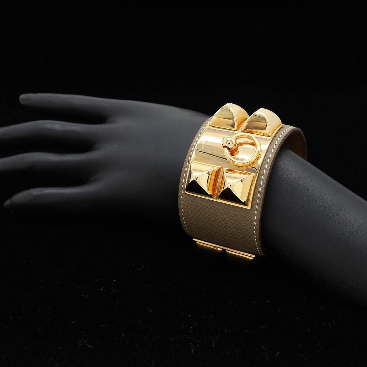 Hermes Collier de Chien Medle Bracelet Bangle Studs Veau Epsom Etoupe Gray Gold — view 6