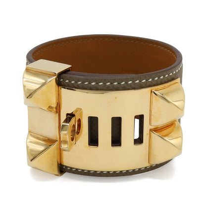 Hermes Collier de Chien Medle Bracelet Bangle Studs Veau Epsom Etoupe Gray Gold — view 2
