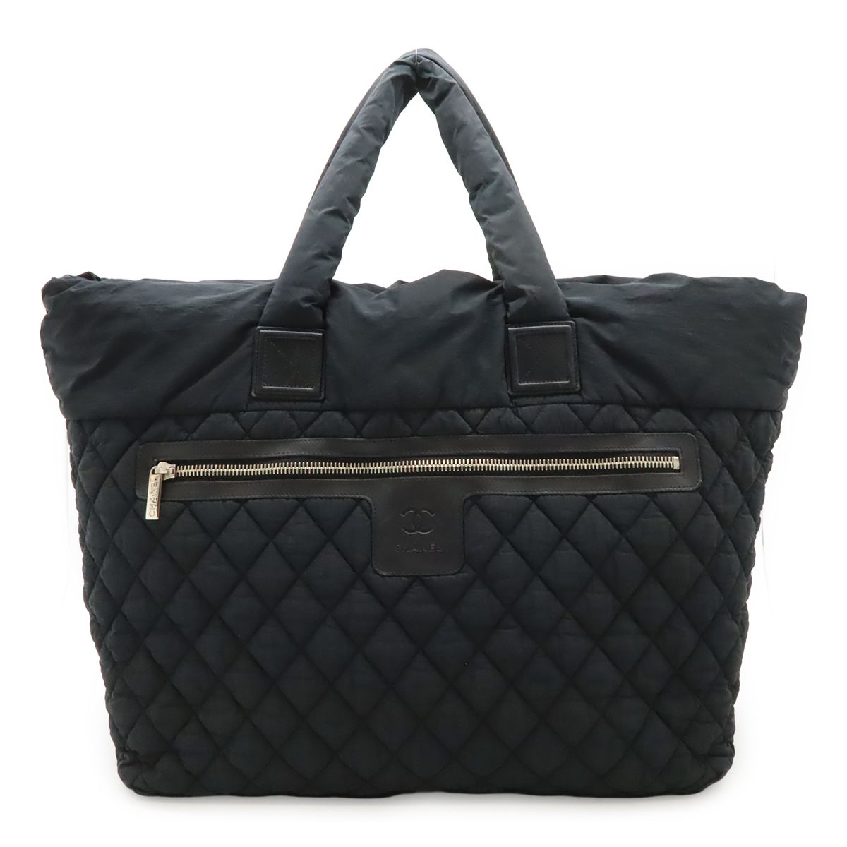 Chanel Coco Cocoon Tote TGM Large Shoulder Bag CC Logo Nylon Leather Black