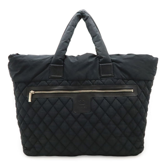 Chanel Coco Cocoon Tote TGM Large Shoulder Bag CC Logo Nylon Leather Black
