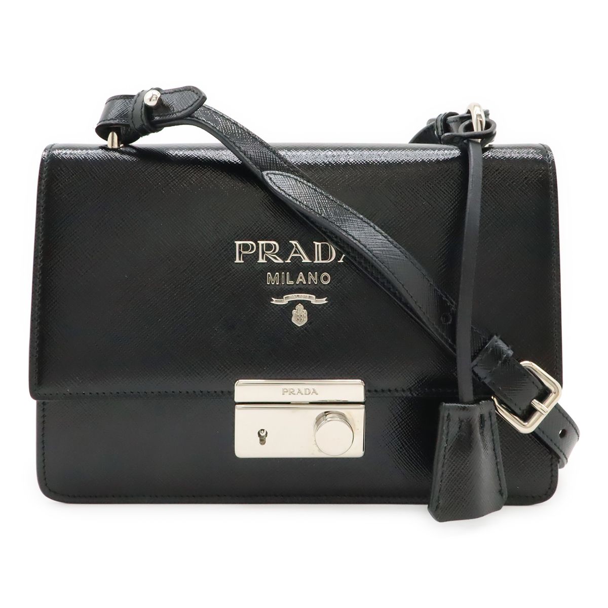 Prada Shoulder Bag Pochette Crossbody 2-Way Clutch Enamel Patent Leather Nero
