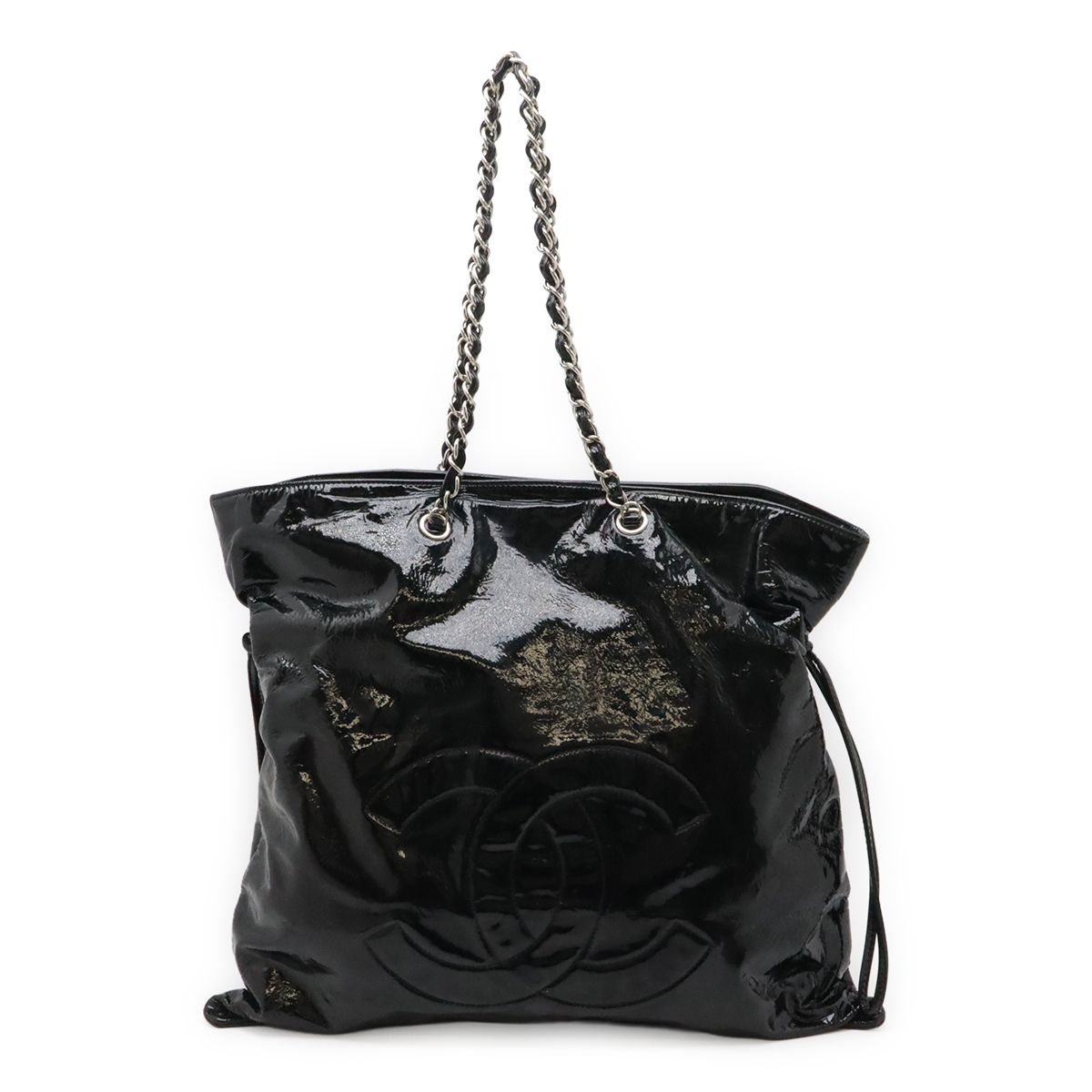 Chanel CC Logo Bonbon Tote Chain Shoulder Bag Drawstring Enamel Leather Black
