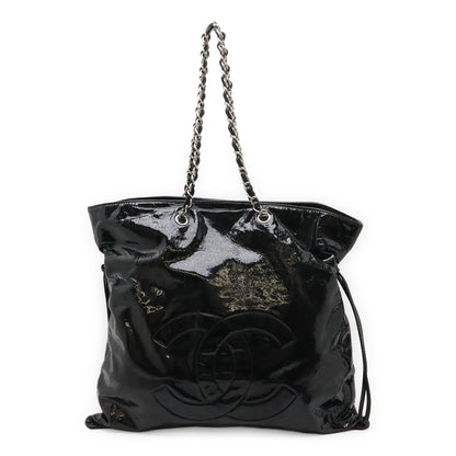 Chanel CC Logo Bonbon Tote Chain Shoulder Bag Drawstring Enamel Leather Black
